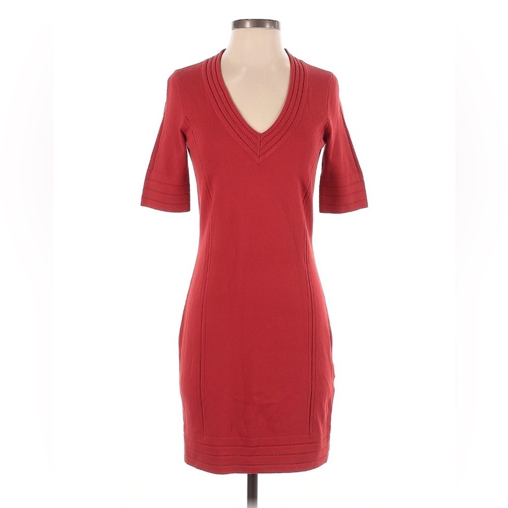 rag & bone Red V-Neck Ribbed Short Sleeve Midi Dress